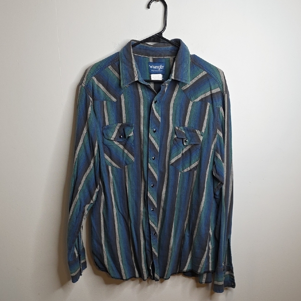 Wrangler VINTAGE Blue and Green Striped Black Pearl Snap Shirt Sz XLarge